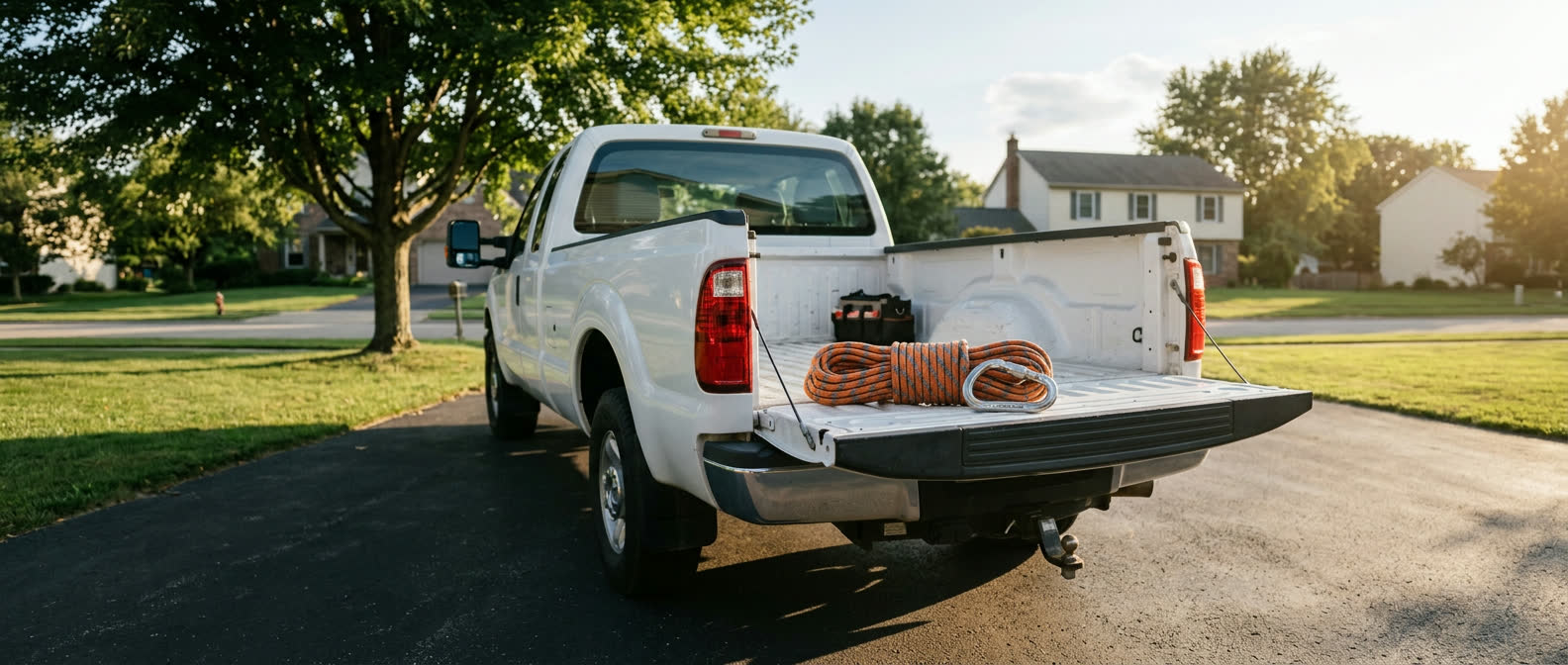 Clean white work truck with climbing rope on tailgate in a residential driveway at golden hour