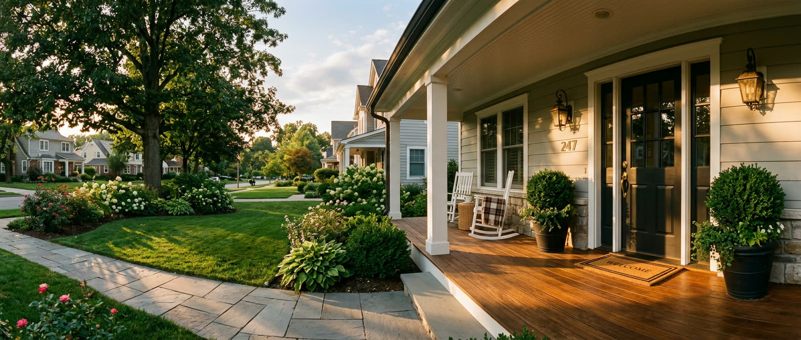 Welcoming suburban front porch at golden hour