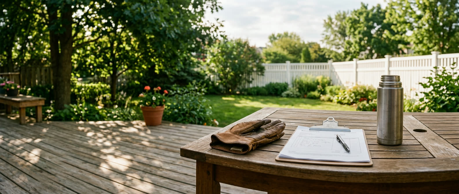 Work glove, clipboard estimate, and coffee thermos on a sunlit backyard table