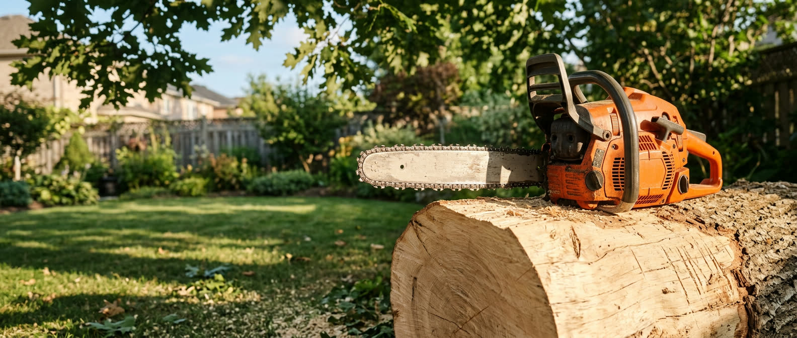 Professional chainsaw resting on a freshly cut log in a sunlit suburban backyard