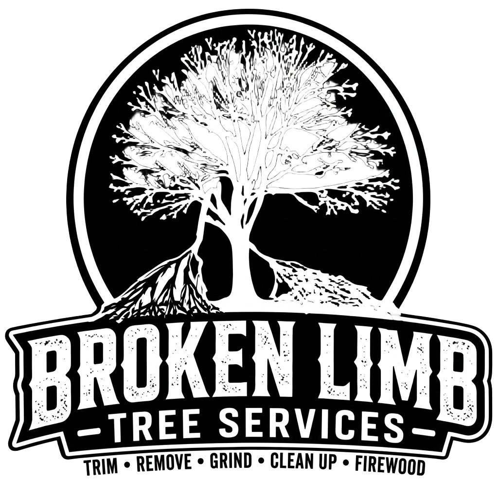 Broken Limb Tree Services logo, tree silhouette in an orange circle