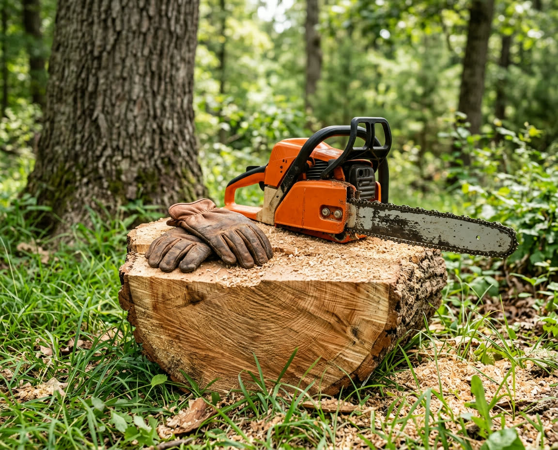 Chainsaw and work gloves resting on a cut log in a wooded yard